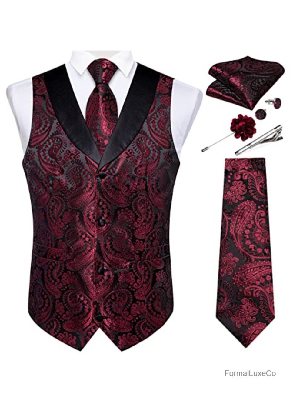 Mens Paisley Suit Vest Silk Jacquard Waistcoat Necktie Set Formal Shawl Collar